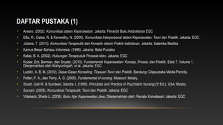 DAFTAR PUSTAKA (1)
•

Arwani. (2002). Komunikasi dalam Keperawatan. Jakarta: Penerbit Buku Kedokteran EGC

•

Ellis, R., Gates, R, & Kenwothy, N. (2000). Komunikasi Interpersonal dalam Keperawatan: Teori dan Praktik. Jakarta: EGC.

•

Juliane, T. (2010). Komunikasi Terapeutik dan Konselin dalam Praktik kebidanan. Jakarta: Salemba Medika

•

Kamus Besar Bahasa Indonesia. (1996). Jakarta: Balai Pustaka

•

Keliat, B. A. (2002). Hubungan Terapeutuik Perawat-klien. Jakarta: EGC

•

Kozier, Erb, Berman, dan Snyder. (2010). Fundamental Keperawatan: Konsep, Proses, dan Praktik. Edisi 7, Volume 1.
Diterjemahkan oleh Wahyuningsih, et al. Jakarta: EGC

•

Luddin, A. B. M. (2010). Dasar-Dasar Konseling: Tinjauan Teori dan Praktik. Bandung: Citapustaka Media Perintis.

•

Potter, P. A., dan Perry, A. G. (2005). Fundamental of nursing. Missouri: Mosby.

•

Stuart, Gail W. & Sundeen, Sandra J. (1995). Principles and Practice of Psychiatric Nursing (5th Ed.). USA: Mosby.

•

Suryani. (2005). Komunikasi Terapeutik: Teori dan Praktik. Jakarta: EGC

•

Videbeck, Sheila L. (2008). Buku Ajar Keperawatan Jiwa. Diterjemahkan oleh: Renata Komalasari. Jakarta: EGC

 
