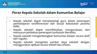 Peran Kepala Sekolah dalam Komunitas Belajar
1. Kepala sekolah dapat mendampingi guru dalam penerapan
pembelajaran terdiferensiasi dan sesuai kebutuhan peserta
didik.
2. Kepala sekolah dapat merefleksikan, mengevaluasi, dan
menyusun perbaikan penerapan kurikulum Merdeka.
3. Kepala sekolah mengembangkan komunitas belajar secara aktif
dan reguler.
4. Kepala sekolah mengelola sumber daya sekolah dengan
menggunakan aplikasi secara efektif dan efisien.
 