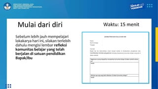Mulai dari diri
Sebelum lebih jauh mempelajari
lokakarya hari ini, silakan terlebih
dahulu mengisi lembar refleksi
komunitas belajar yang telah
berjalan di satuan pendidikan
Bapak/Ibu
Waktu: 15 menit
 