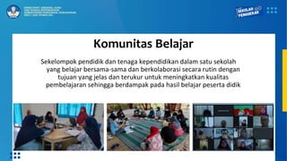 Komunitas Belajar
Sekelompok pendidik dan tenaga kependidikan dalam satu sekolah
yang belajar bersama-sama dan berkolaborasi secara rutin dengan
tujuan yang jelas dan terukur untuk meningkatkan kualitas
pembelajaran sehingga berdampak pada hasil belajar peserta didik
 