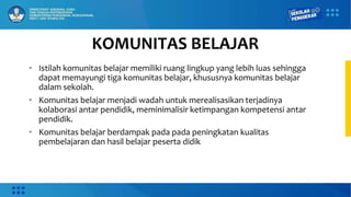 • Istilah komunitas belajar memiliki ruang lingkup yang lebih luas sehingga
dapat memayungi tiga komunitas belajar, khususnya komunitas belajar
dalam sekolah.
• Komunitas belajar menjadi wadah untuk merealisasikan terjadinya
kolaborasi antar pendidik, meminimalisir ketimpangan kompetensi antar
pendidik.
• Komunitas belajar berdampak pada pada peningkatan kualitas
pembelajaran dan hasil belajar peserta didik
KOMUNITAS BELAJAR
 