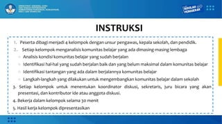 INSTRUKSI
1. Peserta dibagi menjadi 4 kelompok dengan unsur pengawas, kepala sekolah, dan pendidik.
2. Setiap kelompok menganalisis komunitas belajar yang ada dimasing-masing lembaga
○ Analisis kondisi komunitas belajar yang sudah berjalan
○ Identifikasi hal-hal yang sudah berjalan baik dan yang belum maksimal dalam komunitas belajar
○ Identifikasi tantangan yang ada dalam berjalannya komunitas belajar
○ Langkah-langkah yang dilakukan untuk mengembangkan komunitas belajar dalam sekolah
3. Setiap kelompok untuk menentukan koordinator diskusi, sekretaris, juru bicara yang akan
presentasi, dan kontributor ide atau anggota diskusi.
4. Bekerja dalam kelompok selama 30 menit
5. Hasil kerja kelompok dipresentasikan
 