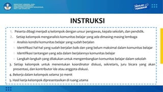 INSTRUKSI
1. Peserta dibagi menjadi 4 kelompok dengan unsur pengawas, kepala sekolah, dan pendidik.
2. Setiap kelompok menganalisis komunitas belajar yang ada dimasing-masing lembaga
○ Analisis kondisi komunitas belajar yang sudah berjalan
○ Identifikasi hal-hal yang sudah berjalan baik dan yang belum maksimal dalam komunitas belajar
○ Identifikasi tantangan yang ada dalam berjalannya komunitas belajar
○ Langkah-langkah yang dilakukan untuk mengembangkan komunitas belajar dalam sekolah
3. Setiap kelompok untuk menentukan koordinator diskusi, sekretaris, juru bicara yang akan
presentasi, dan kontributor ide atau anggota diskusi.
4. Bekerja dalam kelompok selama 30 menit
5. Hasil kerja kelompok dipresentasikan di ruang utama
 