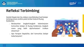 Refleksi Terbimbing
Setelah Bapak dan Ibu silakan merefleksikan hasil belajar
tentang proses analisis pada lembar kerja di Ruang
Kolaborasi.
1. Berdasarkan langkah-langkah keberlanjutan
komunitas belajar di Ruang Kolaborasi, langkah
mana yang lebih diprioritaskan? Uraikan
alasannya?
2. Apa harapan Bapak/Ibu dari komunitas belajar
keberlanjutan?
 