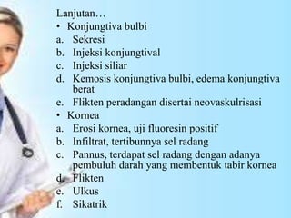 Lanjutan…
• Konjungtiva bulbi
a. Sekresi
b. Injeksi konjungtival
c. Injeksi siliar
d. Kemosis konjungtiva bulbi, edema konjungtiva
berat
e. Flikten peradangan disertai neovaskulrisasi
• Kornea
a. Erosi kornea, uji fluoresin positif
b. Infiltrat, tertibunnya sel radang
c. Pannus, terdapat sel radang dengan adanya
pembuluh darah yang membentuk tabir kornea
d. Flikten
e. Ulkus
f. Sikatrik
 