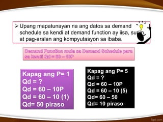Kapag ang P= 1
Qd = ?
Qd = 60 – 10P
Qd = 60 – 10 (1)
Qd= 50 piraso
Kapag ang P= 5
Qd = ?
Qd = 60 – 10P
Qd = 60 – 10 (5)
Qd= 60 – 50
Qd= 10 piraso
Upang mapatunayan na ang datos sa demand
schedule sa kendi at demand function ay iisa, suriin
at pag-aralan ang kompyutasyon sa ibaba.
 
