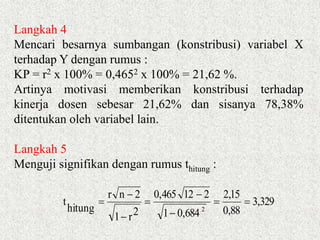 Langkah 4
Mencari besarnya sumbangan (konstribusi) variabel X
terhadap Y dengan rumus :
KP = r2 x 100% = 0,4652 x 100% = 21,62 %.
Artinya motivasi memberikan konstribusi terhadap
kinerja dosen sebesar 21,62% dan sisanya 78,38%
ditentukan oleh variabel lain.
Langkah 5
Menguji signifikan dengan rumus thitung :
329,3
88,0
15,2
684,01
212465,0
2r1
2nr
hitung
t
2







 