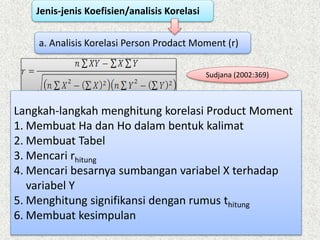 Jenis-jenis Koefisien/analisis Korelasi
Sudjana (2002:369)
Langkah-langkah menghitung korelasi Product Moment
1. Membuat Ha dan Ho dalam bentuk kalimat
2. Membuat Tabel
3. Mencari rhitung
4. Mencari besarnya sumbangan variabel X terhadap
variabel Y
5. Menghitung signifikansi dengan rumus thitung
6. Membuat kesimpulan
a. Analisis Korelasi Person Prodact Moment (r)
 
