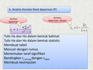 Korelasi
Spearman—Brown
Tulis Ha dan Ho dalam bentuk kalimat
Tulis Ha dan Ho dalam bentuk statistic
Membuat tabel
Mencari dengan rumus
Menentukan taraf signifikan
Bandingkan rs hirung dengan rtabel
Membuat kesimpulan
b. Analisis Korelasi Rank Spearman (P)
s
s
ii
r
r
r


1
2
1
Korelasi
Spearman
 