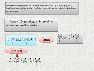 Nilai koefisien penentu ini terletak antara 0 dan +1 (0 ≤ KP ≤ +1). Jika
koefisien korelasinya adalah koefisien korelasi Pearson (r) maka koefisien
penentunya
Untuk µZr, pendugaan intervalnya
secara umum dirumuskan
atau
interval
 