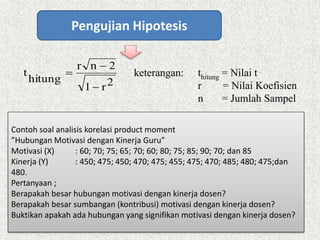 Pengujian Hipotesis
2r1
2nr
hitung
t


 keterangan: thitung = Nilai t
r = Nilai Koefisien
n = Jumlah Sampel
Contoh soal analisis korelasi product moment
”Hubungan Motivasi dengan Kinerja Guru”
Motivasi (X) : 60; 70; 75; 65; 70; 60; 80; 75; 85; 90; 70; dan 85
Kinerja (Y) : 450; 475; 450; 470; 475; 455; 475; 470; 485; 480; 475;dan
480.
Pertanyaan ;
Berapakah besar hubungan motivasi dengan kinerja dosen?
Berapakah besar sumbangan (kontribusi) motivasi dengan kinerja dosen?
Buktikan apakah ada hubungan yang signifikan motivasi dengan kinerja dosen?
 