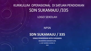 KURIKULUM OPERASIONAL DI SATUAN PENDIDIKAN
SDN SUKAMAJU /335
LOGO SEKOLAH
NPSN
SDN SUKAMAJU / 335
DINAS PENDIDIKAN KOTA SURABAYA
KECAMATAN KARANGPILANG
JL. ARIF RAHMAN HAHINM 25
2023
 