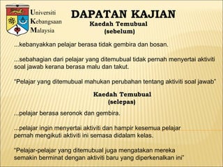 U niversiti K ebangsaan M alaysia DAPATAN KAJIAN Kaedah Temubual (sebelum) ...kebanyakkan pelajar berasa tidak gembira dan bosan.  ...sebahagian dari pelajar yang ditemubual tidak pernah menyertai aktiviti  soal jawab kerana berasa malu dan takut. “ Pelajar yang ditemubual mahukan perubahan tentang aktiviti soal jawab” ...pelajar berasa seronok dan gembira. ...pelajar ingin menyertai aktiviti dan hampir kesemua pelajar  pernah mengikuti aktiviti ini semasa didalam kelas. “ Pelajar-pelajar yang ditemubual juga mengatakan mereka  semakin berminat dengan aktiviti baru yang diperkenalkan ini” Kaedah Temubual (selepas) 