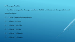 3.3 Rancangan Penelitian
Penelitian ini menggunakan Rancangan Acak Kelompok (RAK) non faktorial yaitu dosis pupuk kimia cantik
dengan 5 taraf yaitu :
C0 = 0 kg/ha = Tanpa pemberian pupuk cantik
C1 = 50 kg/ha = 17,6 g/plot
C2 = 150 kg/ha = 52,8 g/plot
C3 = 250 kg/ha = 88 g/plot
C4 = 350 kg/ha = 123,2 g/plot
C5 = 450 kg/ha = 158,4 g/plot
 