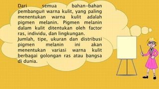 Dari semua bahan-bahan
pembangun warna kulit, yang paling
menentukan warna kulit adalah
pigmen melanin. Pigmen melanin
dalam kulit ditentukan oleh factor
ras, individu, dan lingkungan.
Jumlah, tipe, ukuran dan distribusi
pigmen melanin ini akan
menentukan variasi warna kulit
berbagai golongan ras atau bangsa
di dunia.
 