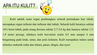 APA ITU KULIT?
Kulit adalah suatu organ pembungkus seluruh permukaan luar tubuh,
merupakan organ terberat dan terbesar dari tubuh. Seluruh kulit beratnya sekitar
16% berat tubuh, pada orang dewasa sekitar 2,7-3,6 kg dan luasnya sekitar 1,5-
1,9 meter persegi, tebalnya kulit bervariasi mulai 0,5 mm sampai 6 mm
bergantung pada letak, umur, dan jenis kelamin. Kulit merupakan indera untuk
stimulus mekanik (raba dan tekan), panas, dingin, dan nyeri
 