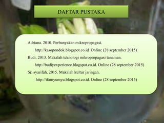 DAFTAR PUSTAKA
Adriana. 2010. Perbanyakan mikropropagasi.
http://kasopondok.blogspot.co.id Online (28 september 2015)
Budi. 2013. Makalah teknologi mikropropagasi tanaman.
http://budiyexperience.blogspot.co.id. Online (28 september 2015)
Sri syarifah. 2015. Makalah kultur jaringan.
http://ifamyumyu.blogspot.co.id. Online (28 september 2015)
 