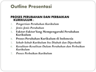 Outline Presentasi
PROSES PERUBAHAN DAN PERBAIKAN
KURIKULUM :
1. Pengertian Perubahan Kurikulum
2. Jenis-Jenis Perubahan
3...