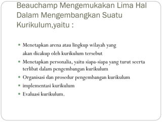 Beauchamp Mengemukakan Lima Hal
Dalam Mengembangkan Suatu
Kurikulum,yaitu :
 Menetapkan arena atau lingkup wilayah yang
a...