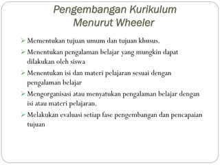 Pengembangan Kurikulum
Menurut Wheeler
 Mementukan tujuan umum dan tujuan khusus.
 Menentukan pengalaman belajar yang mu...