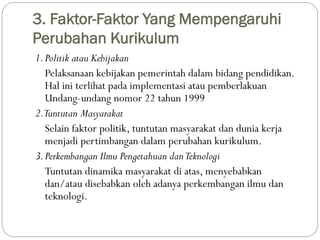 3. Faktor-Faktor Yang Mempengaruhi
Perubahan Kurikulum
1.Politik atau Kebijakan
Pelaksanaan kebijakan pemerintah dalam bid...