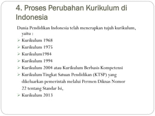 4. Proses Perubahan Kurikulum di
Indonesia
Dunia Pendidikan Indonesia telah menerapkan tujuh kurikulum,
yaitu :
 Kurikulu...