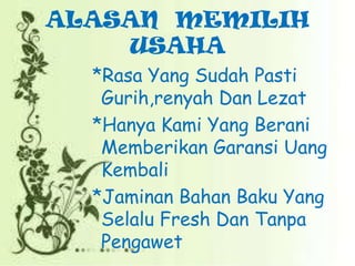 ALASAN MEMILIH
USAHA
*Rasa Yang Sudah Pasti
Gurih,renyah Dan Lezat
*Hanya Kami Yang Berani
Memberikan Garansi Uang
Kembali
*Jaminan Bahan Baku Yang
Selalu Fresh Dan Tanpa
Pengawet

 