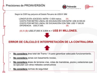 Según la CGR hay perjuicio al Estado Peruano de US$ 81 MM
LONGITUD EN «EXCESO» NATM = 3 004 metros. (A)
COSTO POR METRO LI...