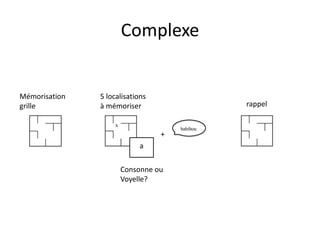 Complexe


Mémorisation   5 localisations
grille         à mémoriser                     rappel

                   x
                                     babibou
                                 +
                           a

                       Consonne ou
                       Voyelle?
 