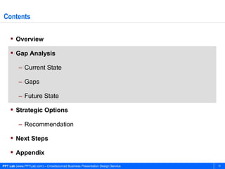 Contents

     Overview

     Gap Analysis

          – Current State

          – Gaps

          – Future State

     Strategic Options

          – Recommendation

     Next Steps

     Appendix

PPT Lab (www.PPTLab.com) – Crowdsourced Business Presentation Design Service   10
 