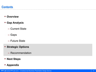 Contents

     Overview

     Gap Analysis

          – Current State

          – Gaps

          – Future State

     Strategic Options

          – Recommendation

     Next Steps

     Appendix

PPT Lab (www.PPTLab.com) – Crowdsourced Business Presentation Design Service   20
 