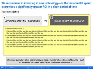 We recommend in investing in new technology—as the incremental spend
is provides a significantly greater ROI in a short period of time
Recommendation

    1                                                                                         2
     LEVERAGE EXISTING RESOURCES                                                  VS                INVEST IN NEW TECHNOLOGY


        • We recommend option 2
        • Filler text filler text filler text filler text filler text filler text filler text filler text filler text filler text filler text filler text filler text
          filler text filler text filler text filler text filler text filler text
        • Filler text filler text filler text filler text filler text filler text filler text filler text filler text filler text filler text filler text filler text
          filler text filler text filler text filler text filler text filler text
        • Filler text filler text filler text filler text filler text filler text filler text filler text filler text filler text filler text filler text filler text
          filler text filler text filler text filler text filler text filler text
        • Filler text filler text filler text filler text filler text filler text filler text filler text filler text filler text filler text filler text filler text
          filler text filler text filler text filler text filler text filler text




           Reaching our future state sooner also provides a number of non-financial benefits—such
                        as increased perceived value by our customers and partners.

PPT Lab (www.PPTLab.com) – Crowdsourced Business Presentation Design Service                                                                                            24
 