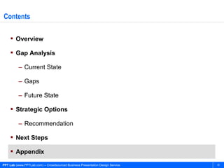 Contents

     Overview

     Gap Analysis

          – Current State

          – Gaps

          – Future State

     Strategic Options

          – Recommendation

     Next Steps

     Appendix

PPT Lab (www.PPTLab.com) – Crowdsourced Business Presentation Design Service   30
 