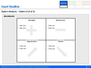 OPTION A   OPTION B   OPTION C   OPTION D


Insert Headline
Option Analysis – Option A (2 of 2)

    SWOT ANALYSIS


                                           Strengths                                    Weaknesses


                          • Filler text                                 • Filler text
                          • Filler text                                 • Filler text




                                          Opportunities                                   Threats

                          • Filler text                                 • Filler text
                          • Filler text                                 • Filler text




PPT Lab (www.PPTLab.com) – Crowdsourced Business Presentation Design Service                                                        11
 