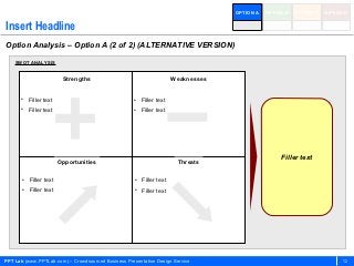 OPTION A   OPTION B   OPTION C   OPTION D


Insert Headline
Option Analysis – Option A (2 of 2) (ALTERNATIVE VERSION)

    SWOT ANALYSIS


                        Strengths                                    Weaknesses


       • Filler text                                 • Filler text
       • Filler text                                 • Filler text




                                                                                                  Filler text
                       Opportunities                                   Threats

       • Filler text                                 • Filler text
       • Filler text                                 • Filler text




PPT Lab (www.PPTLab.com) – Crowdsourced Business Presentation Design Service                                             12
 