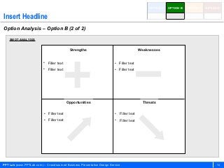 OPTION A   OPTION B   OPTION C   OPTION D


Insert Headline
Option Analysis – Option B (2 of 2)

    SWOT ANALYSIS


                                           Strengths                                    Weaknesses


                          • Filler text                                 • Filler text
                          • Filler text                                 • Filler text




                                          Opportunities                                   Threats

                          • Filler text                                 • Filler text
                          • Filler text                                 • Filler text




PPT Lab (www.PPTLab.com) – Crowdsourced Business Presentation Design Service                                                        14
 
