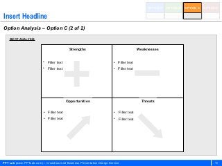 OPTION A   OPTION B   OPTION C   OPTION D


Insert Headline
Option Analysis – Option C (2 of 2)

    SWOT ANALYSIS


                                           Strengths                                    Weaknesses


                          • Filler text                                 • Filler text
                          • Filler text                                 • Filler text




                                          Opportunities                                   Threats

                          • Filler text                                 • Filler text
                          • Filler text                                 • Filler text




PPT Lab (www.PPTLab.com) – Crowdsourced Business Presentation Design Service                                                        16
 