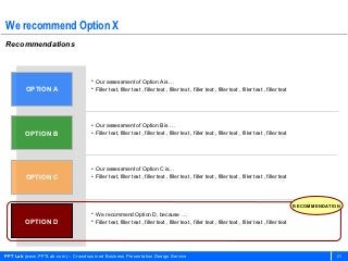 We recommend Option X
Recommendations



                                    • Our assessment of Option A is…
        OPTION A                    • Filler text, filler text , filler text , filler text , filler text , filler text , filler text , filler text




                                    • Our assessment of Option B is …
        OPTION B                    • Filler text, filler text , filler text , filler text , filler text , filler text , filler text , filler text




                                    • Our assessment of Option C is…
        OPTION C                    • Filler text, filler text , filler text , filler text , filler text , filler text , filler text , filler text




                                                                                                                                                     RECOMMENDATION
                                    • We recommend Option D, because …
        OPTION D                    • Filler text, filler text , filler text , filler text , filler text , filler text , filler text , filler text




PPT Lab (www.PPTLab.com) – Crowdsourced Business Presentation Design Service                                                                                      21
 
