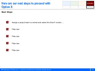 Here are our next steps to proceed with                                        OPTION A   OPTION B   OPTION C   OPTION D


Option X
Next Steps



               Assign a project team to review and select the final X vendor …


               Filler text


               Filler text


               Filler text


               Filler text




PPT Lab (www.PPTLab.com) – Crowdsourced Business Presentation Design Service                                          22
 