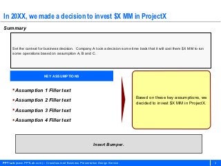 In 20XX, we made a decision to invest $X MM in ProjectX
Summary



      Set the context for business decision. Company A took a decision some time back that it will cost them $X MM to run
      some operations based on assumption A, B and C.




                           KEY ASSUMPTIONS


       Assumption 1 Filler text
                                                                                Based on these key assumptions, we
       Assumption 2 Filler text
                                                                                decided to invest $X MM in ProjectX.
       Assumption 3 Filler text

       Assumption 4 Filler text



                                                           Insert Bumper.



PPT Lab (www.PPTLab.com) – Crowdsourced Business Presentation Design Service                                                4
 