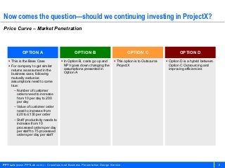 Now comes the question—should we continuing investing in ProjectX?
Price Curve – Market Penetration



            OPTION A                           OPTION B                         OPTION C                        OPTION D
    This is the Base Case              In Option B, costs go up and    This option is to Outsource    Option D is a hybrid between
    For company to get similar          NPV goes down changing the       ProjectX                        Option C Outsourcing and
     returns as assumed in the           assumptions presented in                                         improving efficiencies
     business case, following            Option A
     mutually exclusive
     assumptions need to come
     true:
       – Number of customer
         orders need to increase
         from 10 per day to 200
         per day
       – Value of customer order
         need to increase from
         £20 to £130 per order
       – Staff productivity needs to
         increase from 10
         processed orders per day
         per staff to 75 processed
         orders per day per staff




PPT Lab (www.PPTLab.com) – Crowdsourced Business Presentation Design Service                                                             8
 