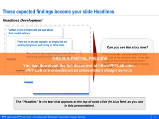 PPT Lab (www.PPTLab.com) – Crowdsourced Business Presentation Design Service 9
These expected findings become your slide Headlines
Headlines Development
The “Headline” is the text that appears at the top of each slide (in blue font, as you see
in this presentation).
Certain levels of employees are paid above
their market salaries
There are no excess capacity, as employees are
working long hours and taking on extra tasks
We can find a low cost hosting provide without
sacrificing uptime and reduce costs by 20%
Flevy.com can utilize an offshore SEM provider to
reduce SEM costs by 50%
Can you see the story now?
In this example, we only looked at the
cost side of the decision tree. If we also
looked at the revenue enhancement
opportunities, the story would of course
be longer.
THIS IS A PARTIAL PREVIEW
You can download the full document at http://PPTLab.com.
PPT Lab is a crowdsourced presentation design service.
 
