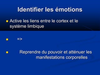 Identifier les émotions
 Active les liens entre le cortex et le
système limbique
 =>
 Reprendre du pouvoir et atténuer les
manifestations corporelles
 