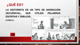 ¿QUÉ ES?
LA HISTORIETA ES UN TIPO DE NARRACIÓN
SECUENCIAL, QUE UTILIZA PALABRAS
ESCRITAS Y DIBUJOS.
EJEMPLO:
 