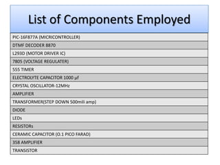 List of Components Employed
PIC-16F877A (MICRICONTROLLER)
DTMF DECODER 8870
L293D (MOTOR DRIVER IC)
7805 (VOLTAGE REGULATER)
555 TIMER
ELECTROLYTE CAPACITOR 1000 µf
CRYSTAL OSCILLATOR-12MHz
AMPLIFIER
TRANSFORMER(STEP DOWN 500mili amp)
DIODE
LEDs
RESISTORs
CERAMIC CAPACITOR (O.1 PICO FARAD)
358 AMPLIFIER
TRANSISTOR
 