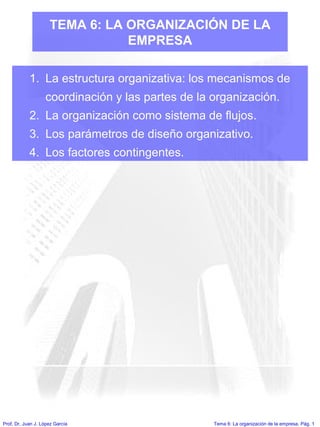 Tema 6: La organización de la empresa. Pág. 1Prof. Dr. Juan J. López García
TEMA 6: LA ORGANIZACIÓN DE LA
EMPRESA
1. La estructura organizativa: los mecanismos de
coordinación y las partes de la organización.
2. La organización como sistema de flujos.
3. Los parámetros de diseño organizativo.
4. Los factores contingentes.
 