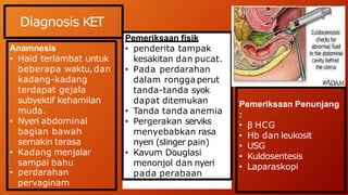 Diagnosis KET
Anamnesis
• Haid terlambat untuk
beberapa waktu,dan
kadang-kadang
terdapat gejala
subyektif kehamilan
muda.
• Nyeri abdominal
bagian bawah
semakin terasa
• Kadang menjalar
sampai bahu
• perdarahan
pervaginam
Pemeriksaan fisik
• penderita tampak
kesakitan dan pucat.
• Pada perdarahan
dalam rongga perut
tanda-tanda syok
dapat ditemukan
• Tanda tanda anemia
• Pergerakan serviks
menyebabkan rasa
nyeri (slinger pain)
• Kavum Douglasi
menonjol dan nyeri
pada perabaan
Pemeriksaan Penunjang
:
• β HCG
• Hb dan leukosit
• USG
• Kuldosentesis
• Laparaskopi
 