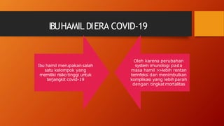 IBUHAMIL DIERA COVID-19
Ibu hamil merupakan salah
satu kelompok yang
memiliki risiko tinggi untuk
terjangkit covid-19
Oleh karena perubahan
system imunologi pada
masa hamil >
>lebih rentan
terinfeksi dan menimbulkan
komplikasi yang lebihparah
dengan tingkat mortalitas
 
