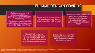 IBUHAMIL DENGAN COVID-19
Flu-like symptom / viral
pneumonitis (dengan
peningkatan morbiditasdan
mortalitas)
Melakukan triage COVID19
pada ibu hamil sama dengan
populasi pada umumnya
Sangat rentan terutamapada
trimester kedua dan ketiga
(usia kehamilan >24minggu)
Beberapa denganhasil lab
yang abnormal seperti
leukopeni, limfopenia,
trombositopeni dan
peningkatan fungsi enzim
hepar
Risiko terjadi maternal
hypoxemia yang berujung
pada peningkatan risiko
PPROM, kelahiranpremature
dan intrauterine fetaldistress
Belum ada data (per April
2020) pelaporan ibuhamil
pada trimester pertama
terkena COVID-19
Sumber: Diagnostics 2020, ISIDOG Recommendations Concerning COVID-19 and PREGNANCY 10(4), 243; https://doi.org/10.3390/diagnostics10040243
ISIDOG: International Society of Infectious Disease in Obstetrics and Gynecology
 