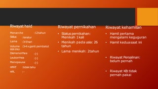 Riwayat haid
Menarche :12tahun
:teratur
:3-5hari
:3-4xganti pembalut
Siklus
Lama
Volume
size day
Dismenorrhea
Leukorrhea
Menopause
:(-)
:(-)
:(-)
HPHT :tidak tahu
HPL :-
Riwayat pernikahan
• Status pernikahan:
Menikah 1kali
• Menikah pada usia: 26
tahun
• Lama menikah: 2tahun
Riwayat kehamilan
• Hamil pertama
mengalami keguguran
• Hamil keduasaat ini
• Riwayat Persalinan:
belum pernah
• Riwayat KB:tidak
pernah pakai
 